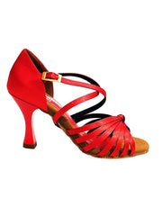 Carica immagine nella Galleria, Fabiana (205/7) - Scarpa da Ballo Basica da Donna Raso Seta Rosso Sette Fascette con Tacco a Rocchetto Smaltato Rosso
