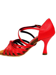 Carica immagine nella Galleria, Fabiana (205/7) - Scarpa da Ballo Basica da Donna Raso Seta Rosso Sette Fascette con Tacco a Rocchetto Smaltato Rosso