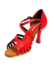 Carica immagine nella Galleria, Fabiana (205/7) - Scarpa da Ballo Basica da Donna Raso Seta Rosso Sette Fascette con Tacco a Rocchetto Smaltato Rosso