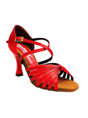 Carica immagine nella Galleria, Fabiana (205/7) - Scarpa da Ballo Basica da Donna Raso Seta Rosso Sette Fascette con Tacco a Rocchetto Smaltato Rosso