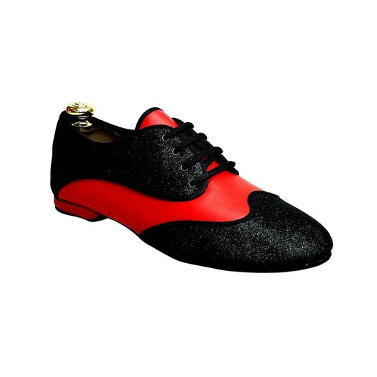 Scarpa jazz Billie Diablo Wish Dance Shop con glitter nero e pelle rossa, suola avanti e sottolacci per danza jazz.