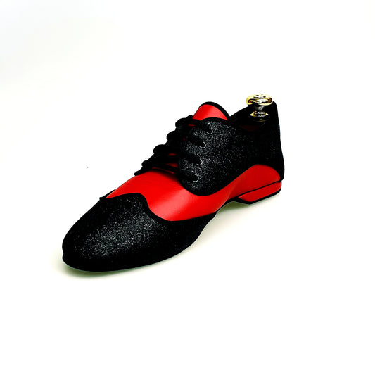 Scarpa jazz Billie Diablo Wish Dance Shop con avanti, sottolacci glitter nero e pelle rossa, dettaglio elegante e brillante