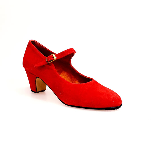 Scarpa da flamenco Carmen (B) in camoscio rosso con chiodi ribattuti a mano, scarpa decoltè Wish Dance Shop, dettagli eleganti e artigianali.