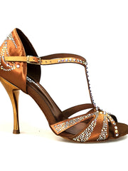 Carica immagine nella Galleria, CAMILA Superb (accollata) L13 - Scarpa da Ballo in Raso Seta Bronzo con Swarovski Boreali e Tacco a Spillo Laminato Oro Ramato