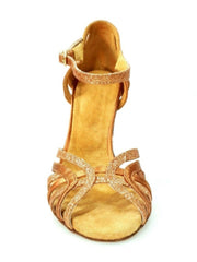 Cargar imagen en la Galería, Sandalo donna Deborah Wish Dance Shop in raso seta bronzo tan e glitter bronzo tan, con cinturino e tacco basso.