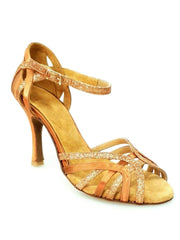 Cargar imagen en la Galería, Sandalo donna Deborah Wish Dance Shop in raso seta bronzo tan e glitter bronzo tan, con tacco e cinturino elegante.