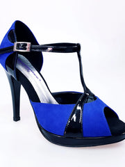 Carica immagine nella Galleria, Sandalo donna Xena (698X) in camoscio blu e vernice nera con plateau e tacco a spillo, scarpa elegante Wish Dance Shop