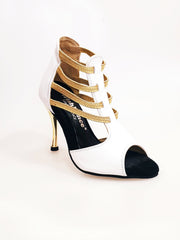 Carica immagine nella Galleria, MILITE Gold (460PW) - Sandalo da Donna in Pelle Bianca con Elastici Oro e Tacco a spillo Laminato Oro Wish Dance Shop
