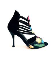 Carica immagine nella Galleria, Iris Fantasy Black (460PW) - Sandalo da Donna in Tessuto Picasso Nero con Tallone in Camoscio Nero ed Elastici e Tacco a spillo smaltato Nero