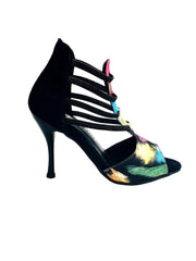 Carica immagine nella Galleria, Iris Fantasy Black (460PW) - Sandalo da Donna in Tessuto Picasso Nero con Tallone in Camoscio Nero ed Elastici e Tacco a spillo smaltato Nero Wish Dance Shop