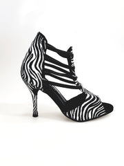 Carica immagine nella Galleria, Whole Zebra (460PW) - Sandalo da Donna in Raso seta Zebrato con Elastici Neri e tacco a spillo rivestito raso seta zebra Wish Dance Shop