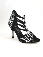 Carica immagine nella Galleria, Whole Zebra (460PW) - Sandalo da Donna in Raso seta Zebrato con Elastici Neri e tacco a spillo rivestito raso seta zebra