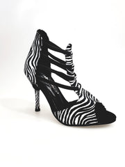 Carica immagine nella Galleria, Whole Zebra (460PW) - Sandalo da Donna in Raso seta Zebrato con Elastici Neri e tacco a spillo rivestito raso seta zebra Wish Dance Shop