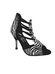 Carica immagine nella Galleria, Scarpa Wish Dance Shop Zebra completa con tacco a spillo rivestito in raso seta e elastici neri, modello Whole Zebra (460PW).
