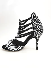 Carica immagine nella Galleria, Whole Zebra (460PW) - Sandalo da Donna in Raso seta Zebrato con Elastici Neri e tacco a spillo rivestito raso seta zebra Wish Dance Shop