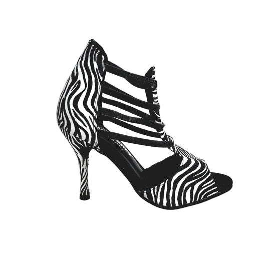 Scarpa donna Wish Dance Shop Zebra (460PW) sandalo in raso seta con elastici neri e tacco a spillo rivestito.