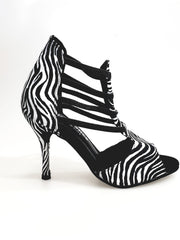 Carica immagine nella Galleria, Whole Zebra (460PW) - Sandalo da Donna in Raso seta Zebrato con Elastici Neri e tacco a spillo rivestito raso seta zebra Wish Dance Shop