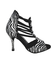 Carica immagine nella Galleria, Scarpa donna Wish Dance Shop Zebra (460PW) sandalo in raso seta con elastici neri e tacco a spillo rivestito.