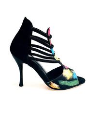 Carica immagine nella Galleria, Iris Fantasy Black (460PW) - Sandalo da Donna in Tessuto Picasso Nero con Tallone in Camoscio Nero ed Elastici e Tacco a spillo smaltato Nero