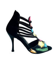 Carica immagine nella Galleria, Iris Fantasy Black (460PW) - Sandalo da Donna in Tessuto Picasso Nero con Tallone in Camoscio Nero ed Elastici e Tacco a spillo smaltato Nero Wish Dance Shop