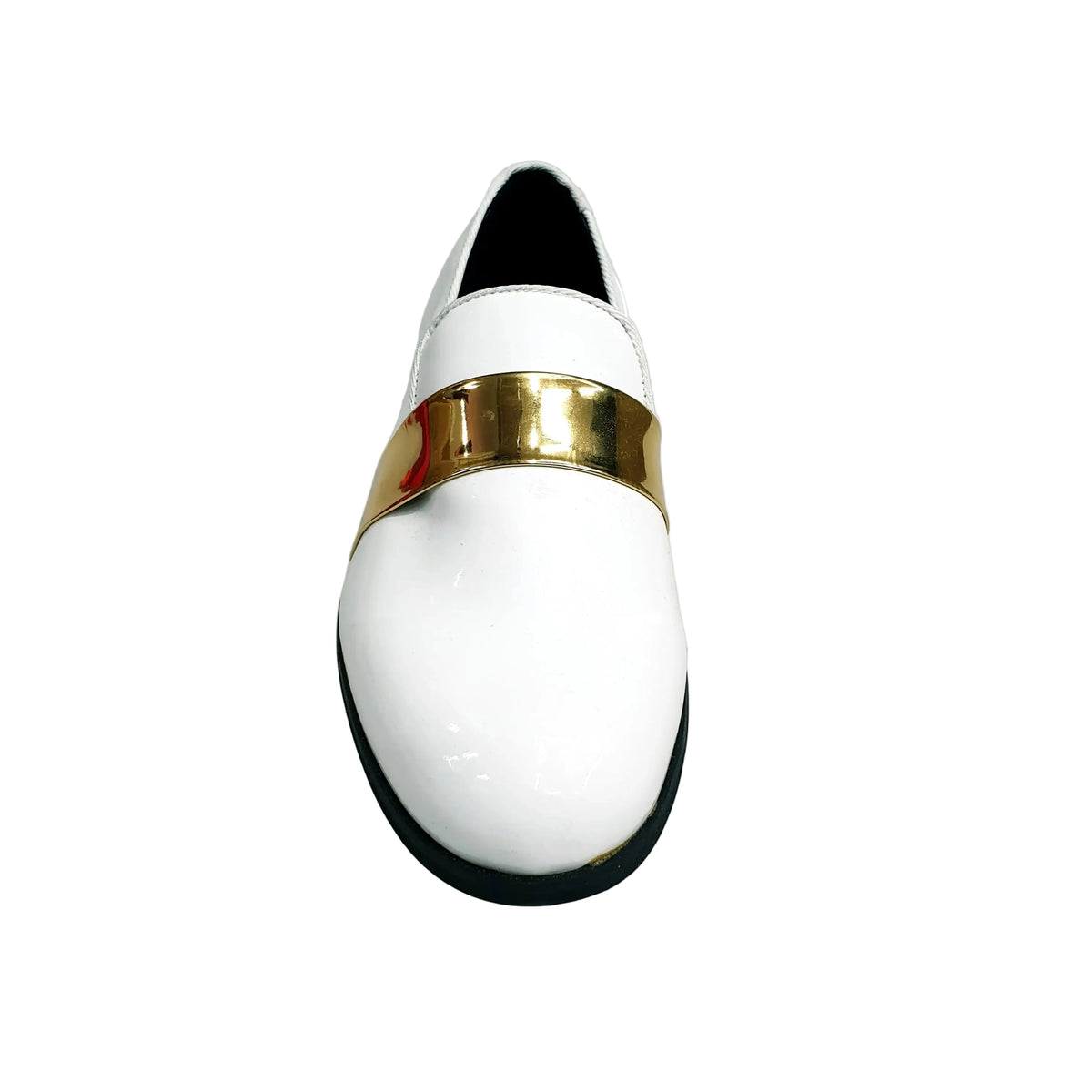Mocassino in vernice bianca con fascia oro, scarpa Wish Dance Shop in vera pelle italiana, con fodera in pelle naturale