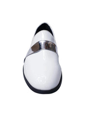 Carica immagine nella Galleria, Scarpa mocassino Jackson (PJ) in vernice bianca con fascia argento, foderato in vera pelle italiana, elegante e raffinata