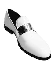 Carica immagine nella Galleria, Scarpa mocassino bianco in vernice con fascia argento, fodera in vera pelle italiana, marca Wish Dance Shop