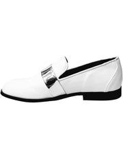 Carica immagine nella Galleria, Scarpa mocassino Jackson in vernice bianca con fascia argento, fodera in vera pelle italiana, per donna.