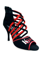 Carica immagine nella Galleria, Megan (161) K.Open - Sandalo da Donna in Camoscio nero Strisce in camoscio Rosso e camoscio Nero Ricamo Kizomba Open rosso