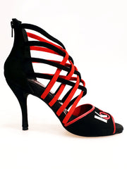 Carica immagine nella Galleria, Megan (161) K.Open - Sandalo da Donna in Camoscio nero Strisce in camoscio Rosso e camoscio Nero Ricamo Kizomba Open rosso