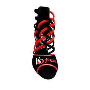 Megan (161) K.Open - Sandalo da Donna in Camoscio nero Strisce in camoscio Rosso e camoscio Nero Ricamo Kizomba Open rosso