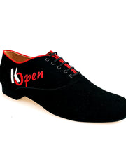 Load image into Gallery viewer, Scarpa da uomo Malaga MS07 K.Open in camoscio nero con ricamo Kizomba, modello Oxford con chiusura stringata, Wish Dance Shop