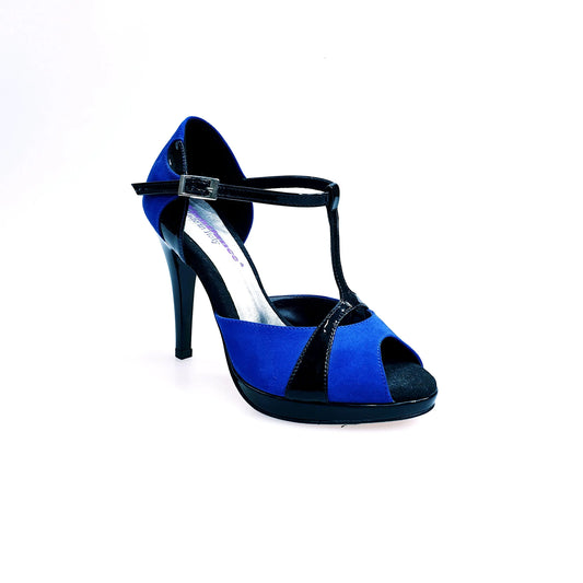 Sandalo donna Xena (698X) in camoscio blu e vernice nera con plateau e tacco a spillo, scarpa elegante Wish Dance Shop