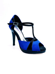 Carica immagine nella Galleria, Sandalo donna Xena (698X) in camoscio blu e vernice nera con plateau e tacco a spillo, scarpa elegante Wish Dance Shop