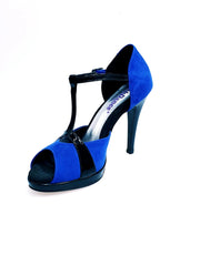 Carica immagine nella Galleria, Scarpa donna Xena (698X) Wish Dance Shop sandalo in camoscio blu e vernice nera con plateau e tacco a spillo