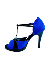 Carica immagine nella Galleria, Sandalo donna Wish Dance Shop Xena 698X in camoscio blu e vernice nera con plateau e tacco a spillo, dettaglio elegante e sofisticato.