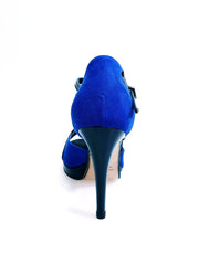Carica immagine nella Galleria, Sandalo donna Xena (698X) in camoscio blu e vernice nera con plateau e tacco a spillo, scarpa elegante Wish Dance Shop
