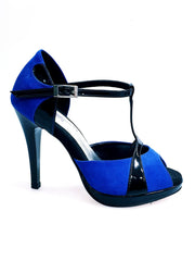 Carica immagine nella Galleria, Sandalo donna Xena 698X in camoscio blu e vernice nera con plateau e tacco a spillo, scarpa elegante Wish Dance Shop