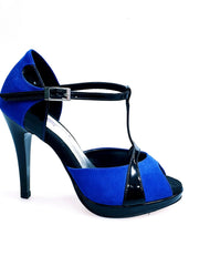 Carica immagine nella Galleria, Sandalo donna Xena 698X in camoscio blu e vernice nera con plateau e tacco a spillo, scarpa elegante Wish Dance Shop