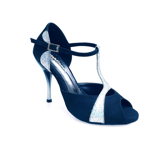 Sandalo da donna Wish Dance Shop Xena (698) in camoscio nero con dettaglio prismato silver e tacco slim.