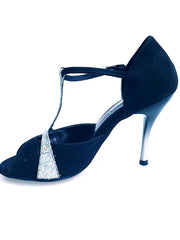 Carica immagine nella Galleria, Xena (698) - Sandalo da Donna in Camoscio Nero e Prisma Boreale Silver con Tacco Slim