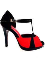 Carica immagine nella Galleria, Sandalo donna Xena (698X) in camoscio rosso e nero con plateau e tacco a spillo, scarpa elegante in primo piano