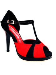 Carica immagine nella Galleria, Sandalo da donna Xena (698X) in camoscio rosso e nero con plateau e tacco a spillo, scarpa elegante Wish Dance Shop