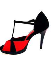 Carica immagine nella Galleria, Sandalo donna Xena (698X) in camoscio rosso e nero con plateau e tacco a spillo, scarpa elegante Wish Dance Shop