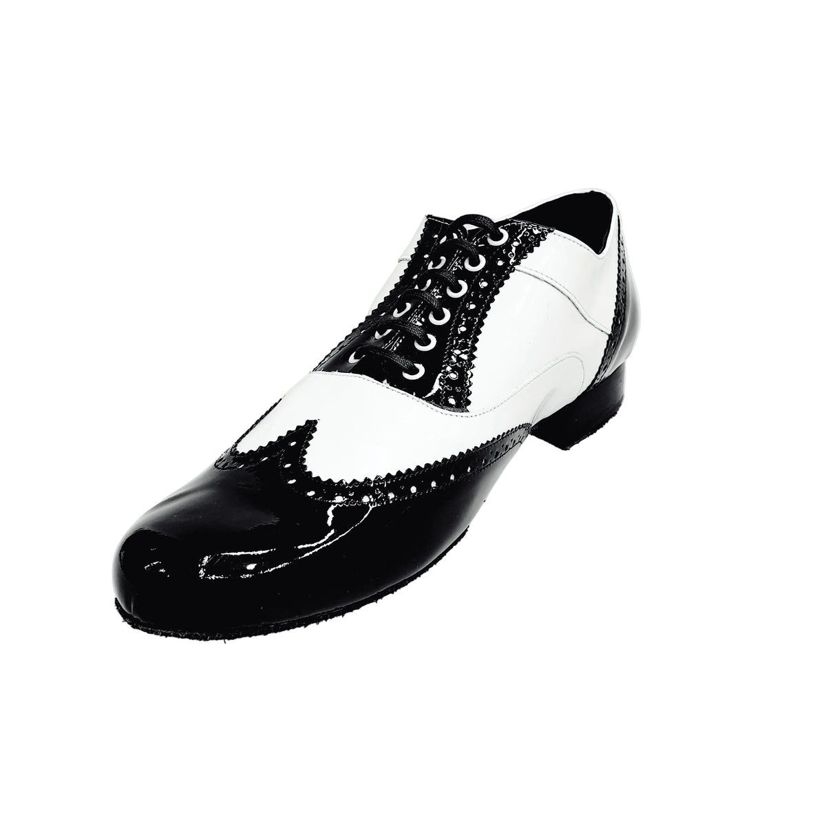 Scarpa stringata Adone MS14 in vernice nera e bianca, modello Oxford Brogue con punta tonda, stile elegante e classico.