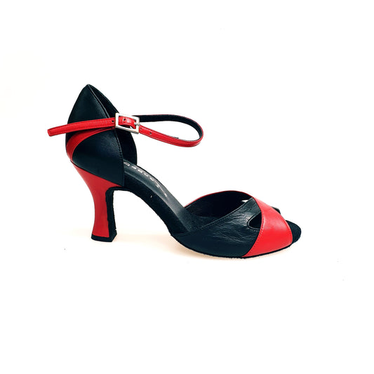 Scarpa da donna Ely QA 32QA in pelle rossa e nera con tacco rocchetto, stile elegante e raffinato, vista laterale.