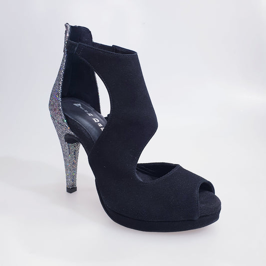 Scarpa donna Desiré Wish Dance Shop, sandalo in camoscio nero e multicolor con plateau e dettagli argentati.