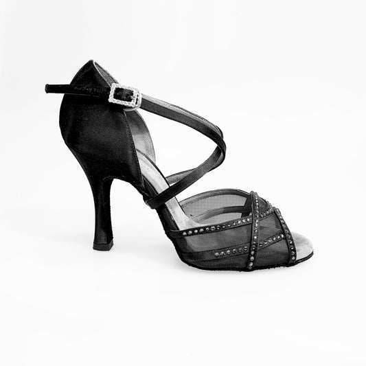 Scarpa da donna Rosa QC (1535H) Wish Dance Shop, raso nero con rete e strass nero, elegante e brillante.