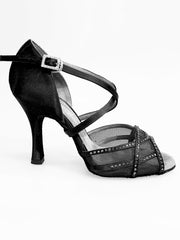 Load image into Gallery viewer, Scarpa da donna Rosa QC (1535H) Wish Dance Shop, raso nero con rete e strass nero, elegante e brillante.