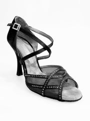 Load image into Gallery viewer, Scarpa da donna Rosa QC 1535H di Wish Dance Shop in raso nero con rete e strass nero, elegante e brillante.